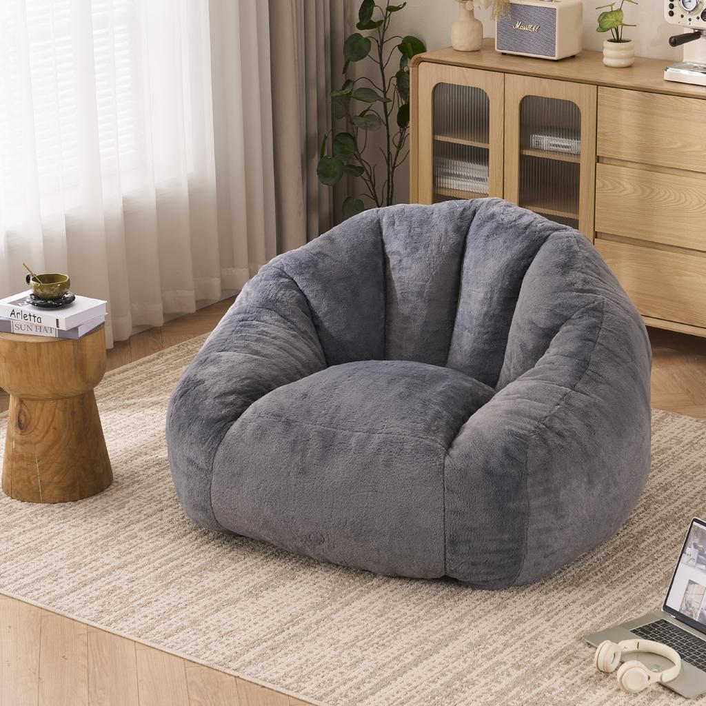 Sitzsack für Erwachsene, flauschiger Loungesessel aus Kunstfell, vakuumverpackt und montagefrei, für Wohnzimmer, Schlafzimmer, Balkon - Groß (Hellgrau)