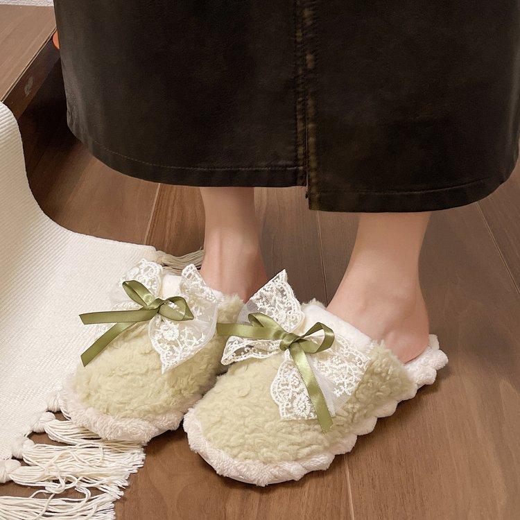 

Retro plush 2025 autumn and winter Internet celebrity casual cute bow women s indoor home thermal cotton slippers 36