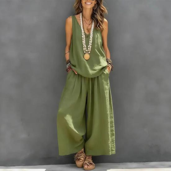 Women's Summer Sleeveless 2 Piece Outfit V Neck Top And Wide Leg Pants Set Casual Vacation Matching Lounge Set