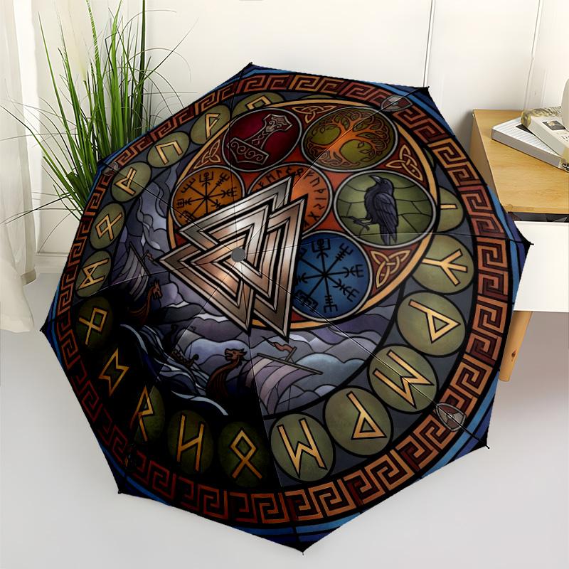 Norse Symbolism pattern umbrella, portable and foldable design, 8 ribs, a casual accessory for Halloween, Christmas, and birthday gifts.