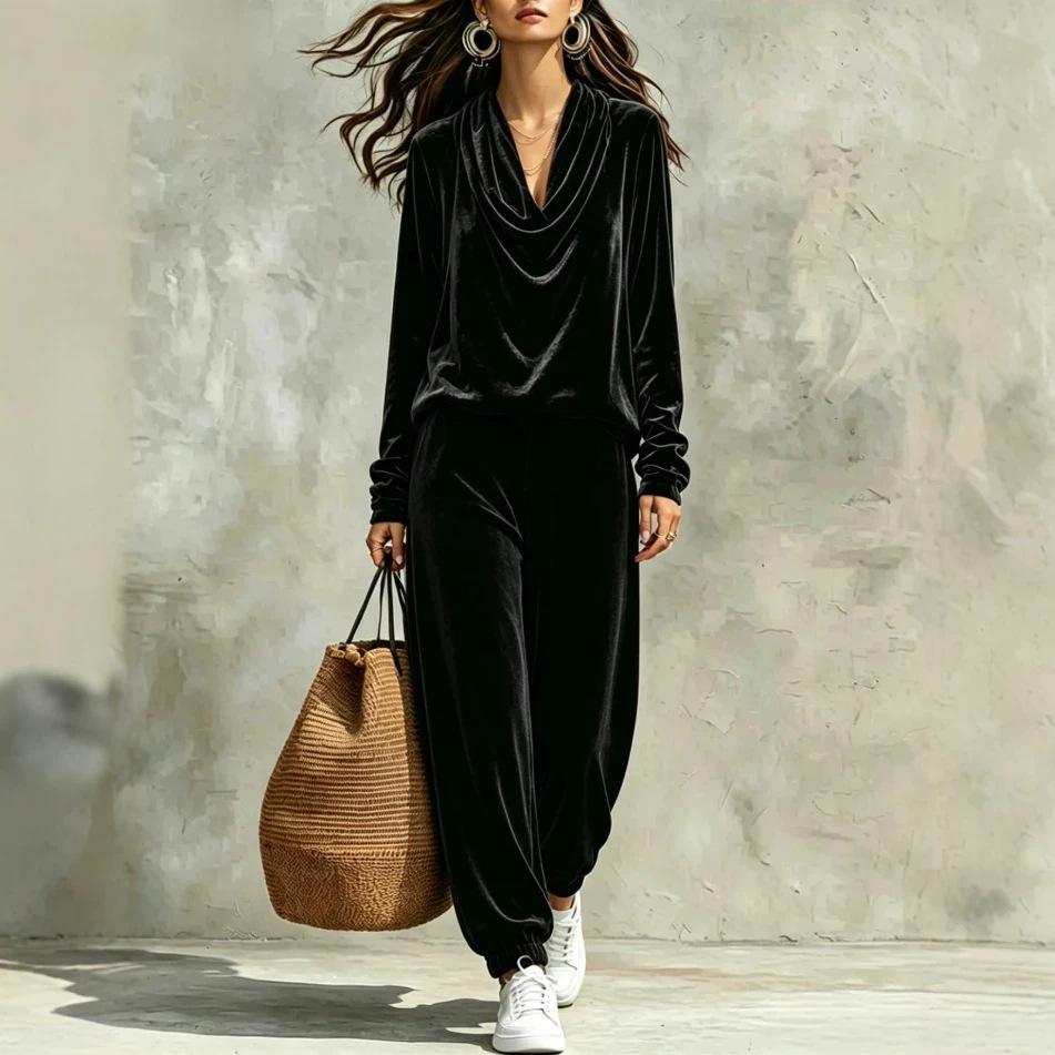 European and American women's clothing autumn and winter new swing neck gold velvet long-sleeved top corset sweatpants casual two-piece set