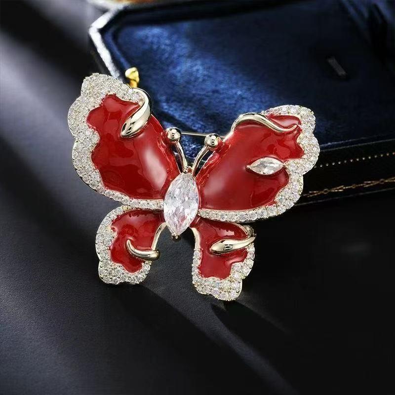 [HF]New 1Pc Fashion Temperament Luxury Rhinestone Red Butterfly Brooches For Women Clothing Coat Accessories Gifts