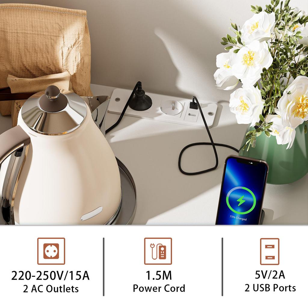 Cabinet - Wooden sideboard, 2 AC power ports/2 USB ports, Bluetooth LED light strip, single drawer, white.