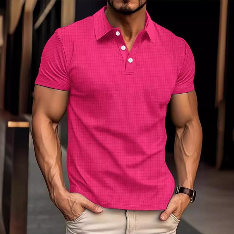 Men's Summer Waffle Striped Lapel Solid Color Button-up Short-sleeved Polo Shirt