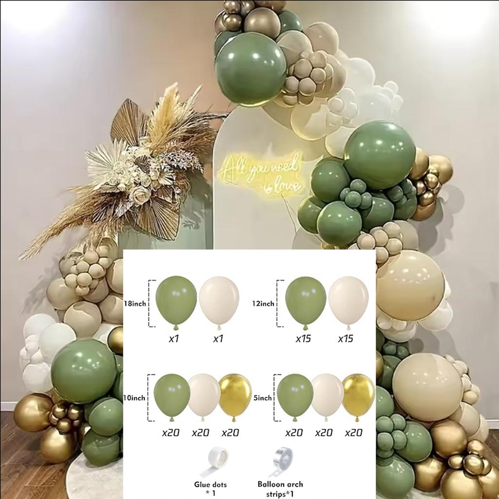 152PCS Green, Sand White, and Metal Balloon Set, Suitable for Decorating Weddings, Birthdays, Parties, and Bachelorette Parties