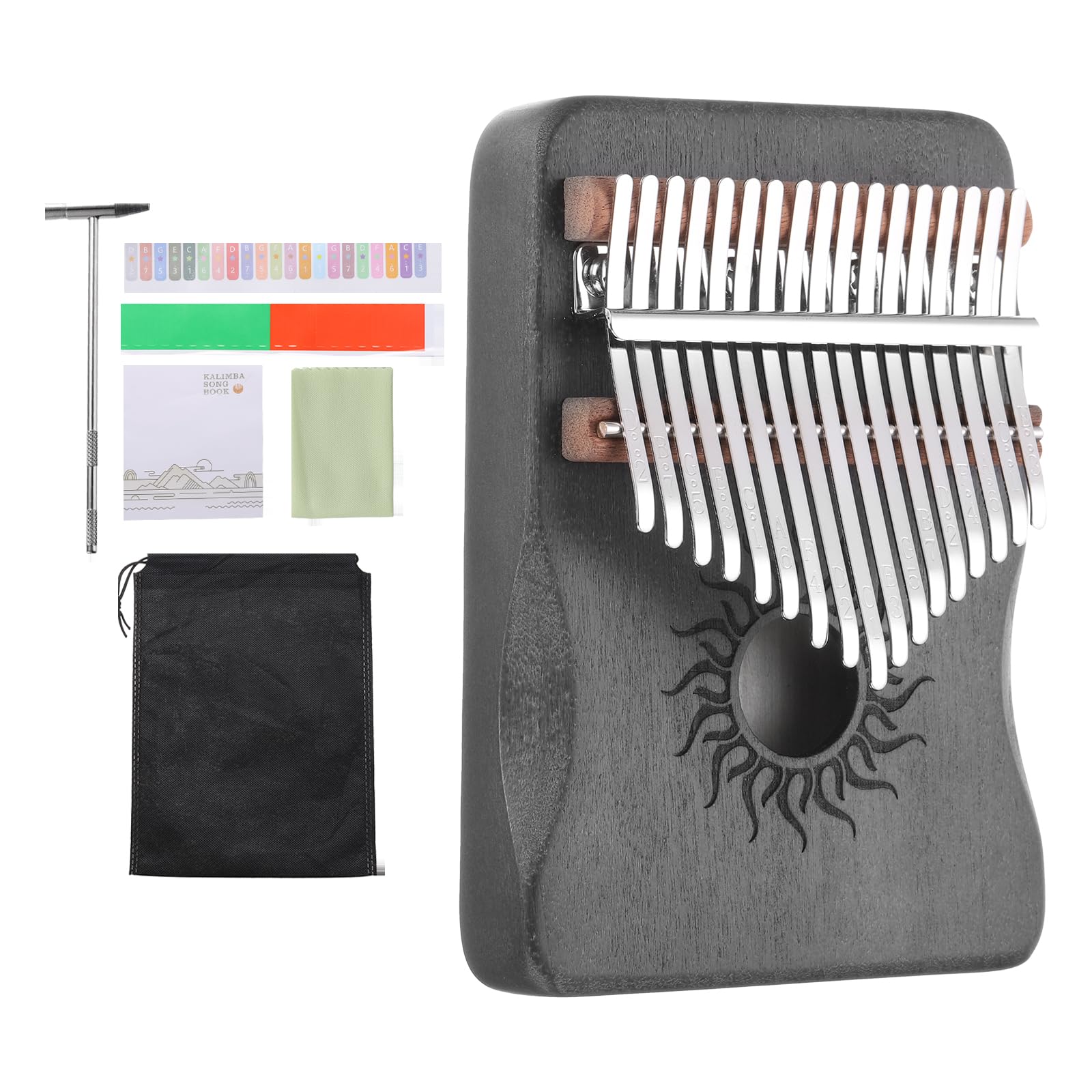 

uxcell 17-Key Thumb Piano, Deep Brown Mini Portable Finger Piano with Maple Wood Sun Pattern, Protective Bag, Tuning Hammer, and Music Study Guide,