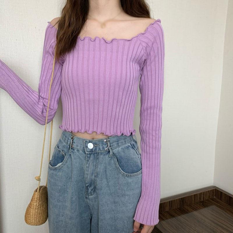 Women Full Sleeve Square Neck Sweater Knitted Basic Elasticity Pullovers Autumn Solid Jumpers