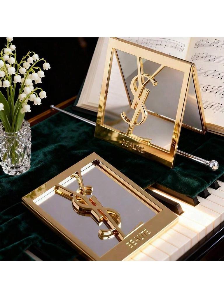 YSL auksinis kvadratinis veidrodėlis, aukštos kokybės, didelis logotipas, patogus nešiotis, puikiai tinka pasitaisyti makiažą ir kasdieniam naudojimui.