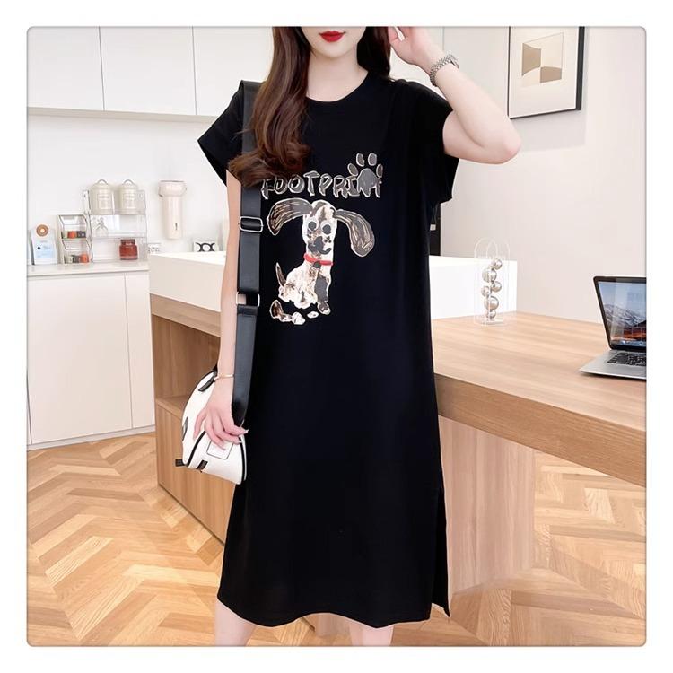Damen Sommer Koreanische Version von Loose Cartoon Dog Letter Kurzarm T-Shirt Mode Lazy Long Dress