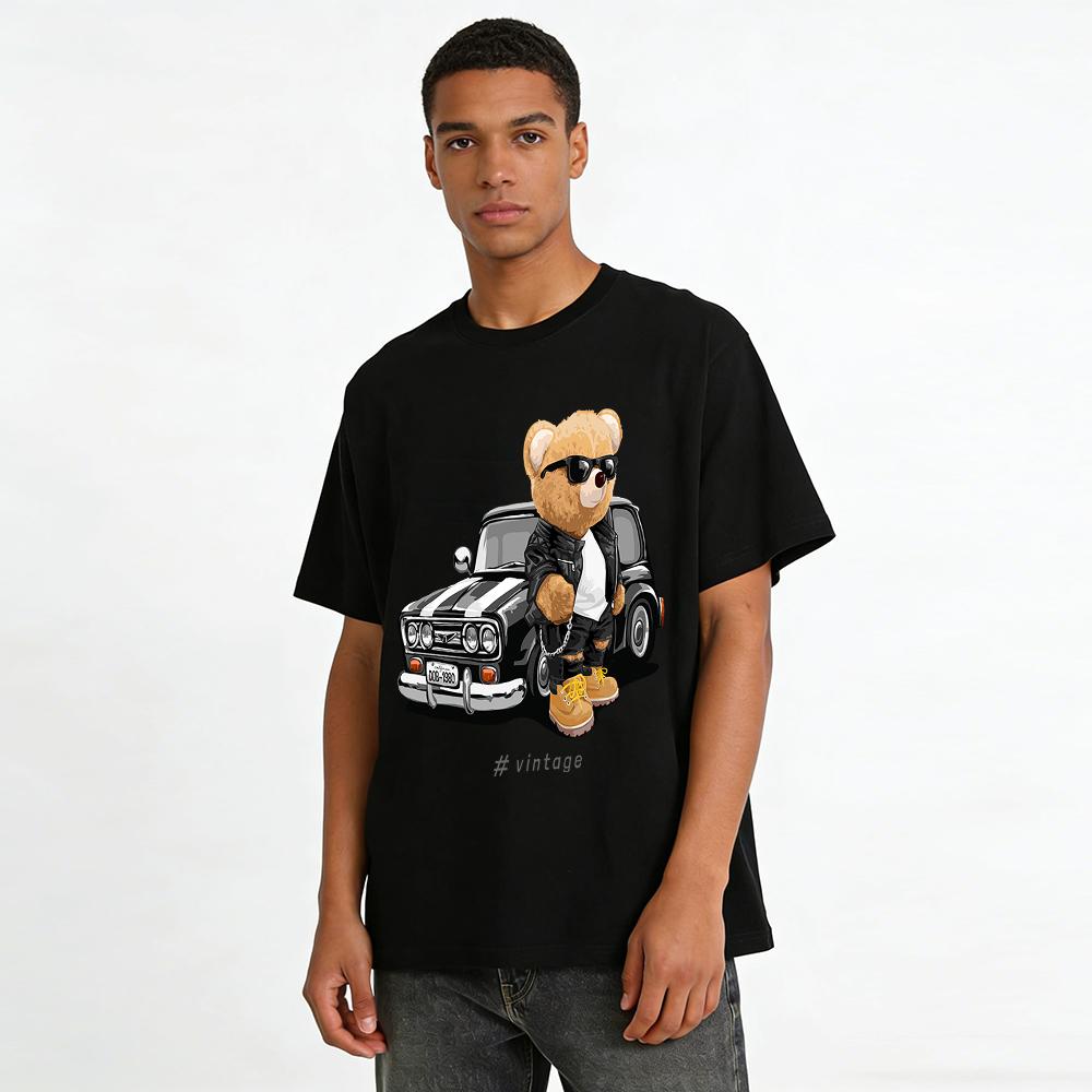 Vintage Motorcycle Bear Print Casual Tee Unisex Trendy Top Pure Cotton T-shirt