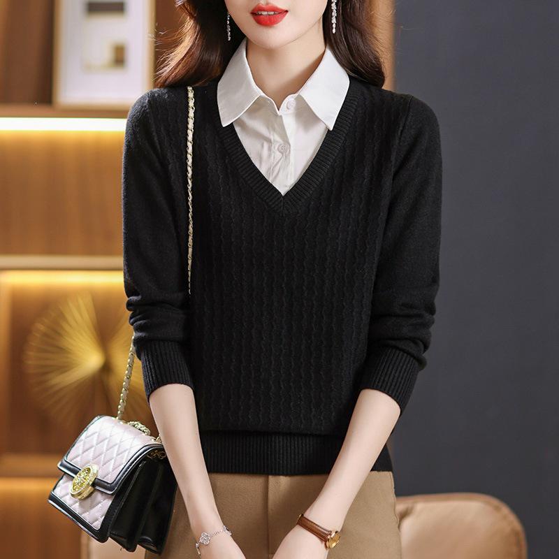 2025 Chic Two-Piece Knit Top with Shirt Collar - Fashionable Spring/Autumn Sweater for Women