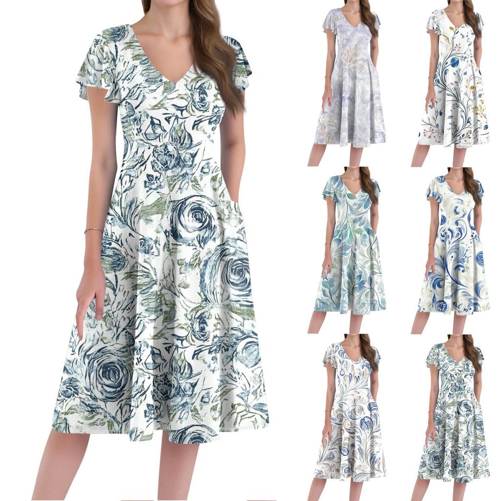 A Casual And Fashionable V-Neck Short-Sleeved Medium-Length Dress With Floral Prints For Women