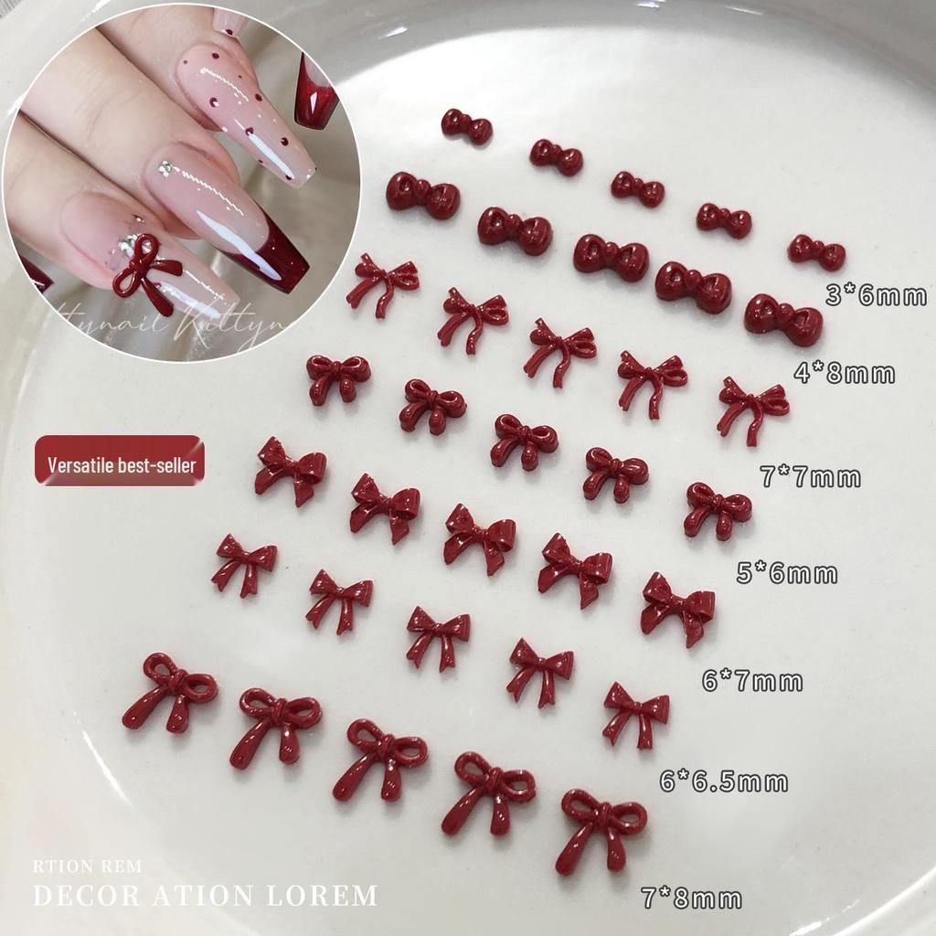 Ancola Burgundy Red 3D Resin Bow Nail Art Accessories - New Year Edition