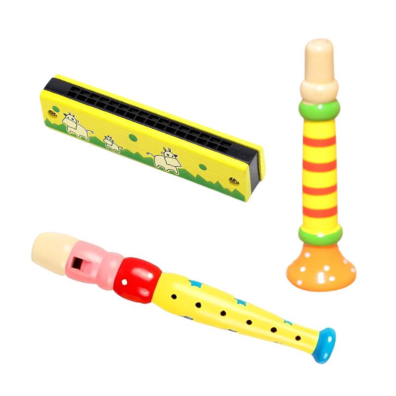 

Wooden Harmonica & 6-hole Flute & Horn Cartoon Instrument Combination Party Favors Festival Gift Musical Performance Props TMZ жовтий