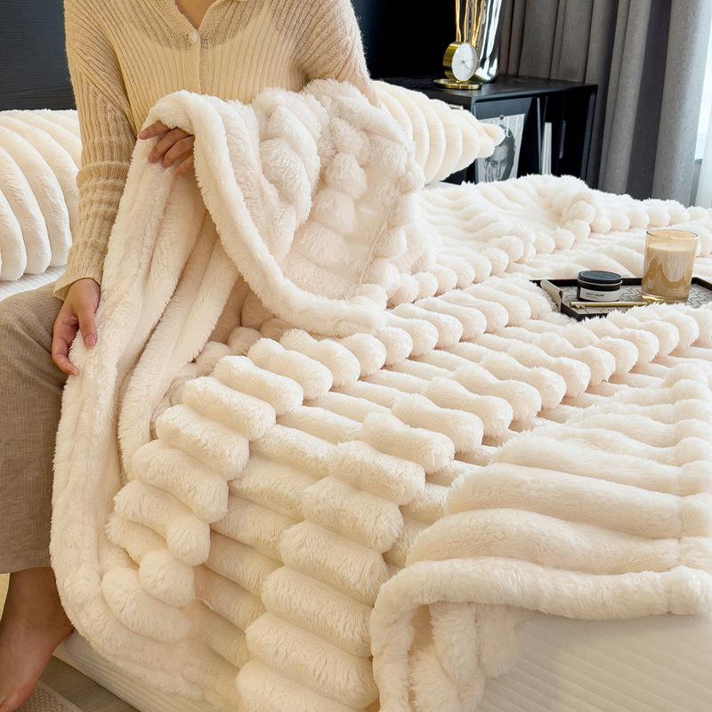 Ultra Soft Faux Rabbit Fur Throw Blanket Warm Plush Striped Blankets Conditioning Quilt Fluffy Throws For Couch Chair Sofa