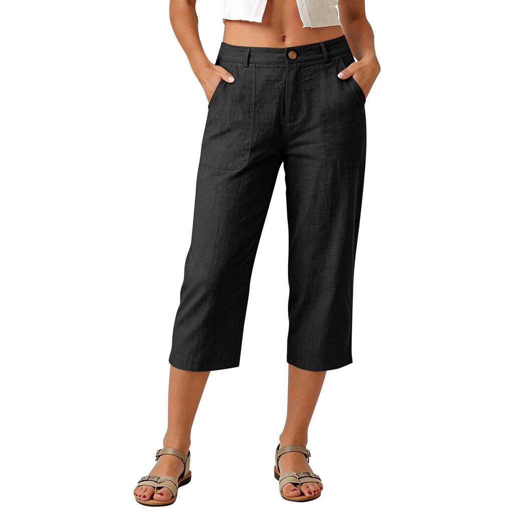 Women Elastic High Waist 3/4 Pant Casual Fit Wide Capris Leg Pants Trousers With Pockets