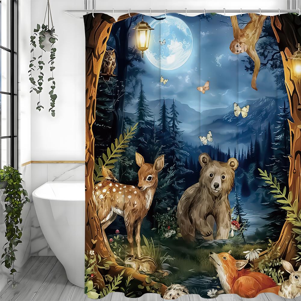Forest Animal Butterfly Flower Tree Shower Curtain, Bathroom Decorative Shower Curtain, Waterproof Shower Curtain with Hooks