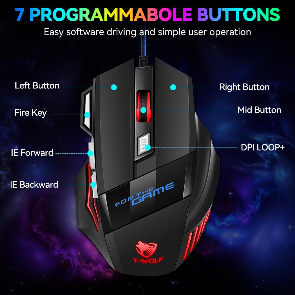 T-WOLF M1 Gaming Mouse Wired Ergonomic Design 7-Color Breathing Light for PC Gaming