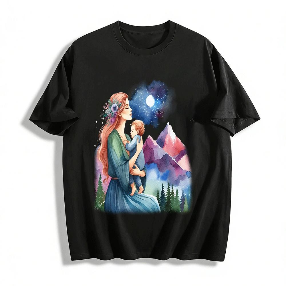 Gentle Mother Baby Mountain Starry Sky Print Casual Top Pure cotton T-shirt XXS