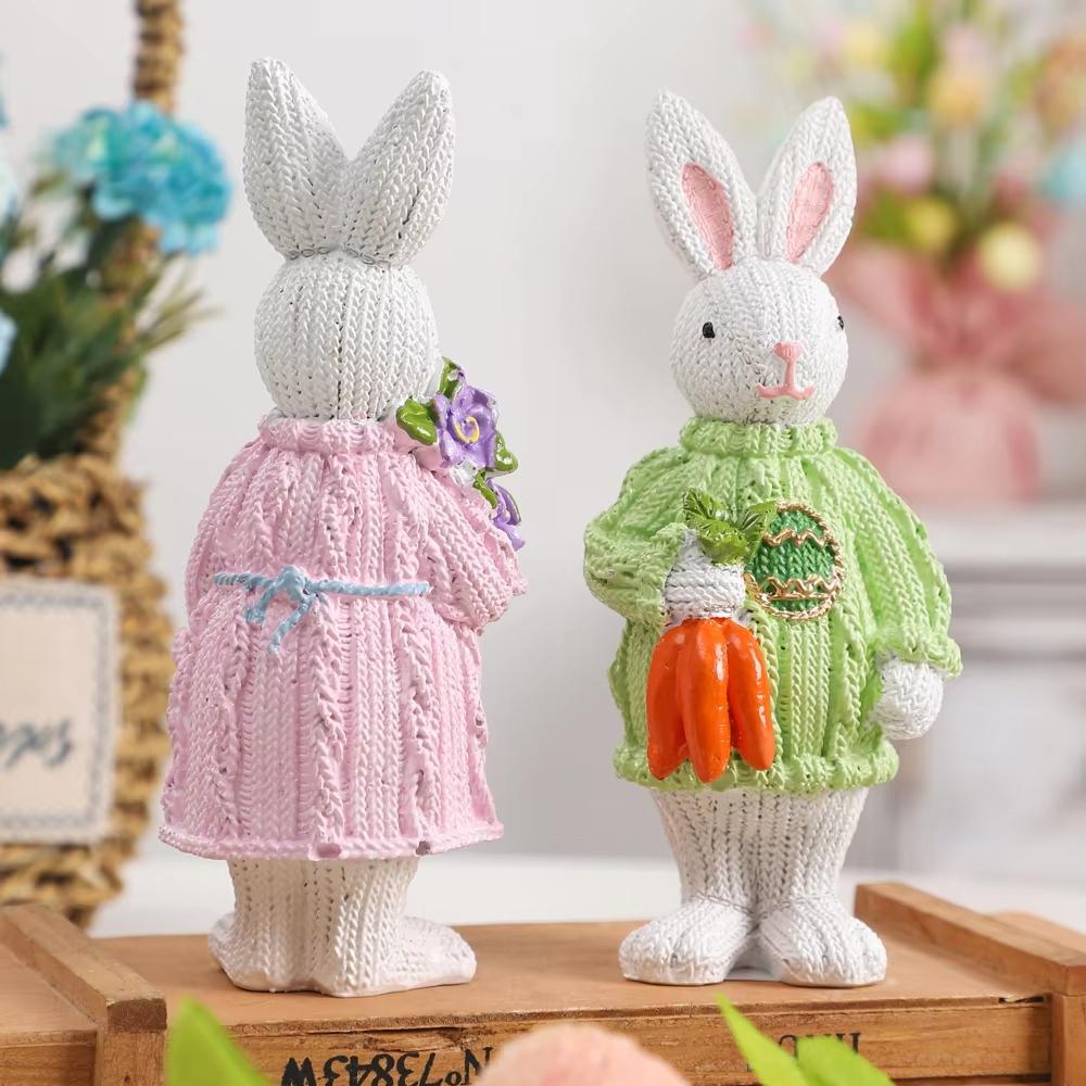 Easter Bunny Resin Figurines Knitted Texture Couple Rabbit Statues With Carrot & Bouquet Home Desktop Decorations Easter Gifts