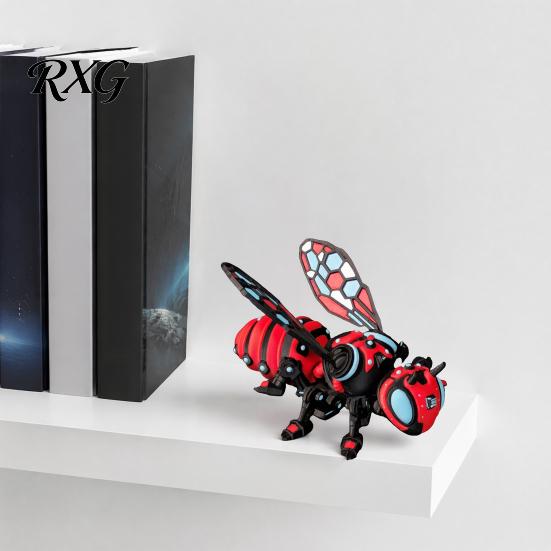 Creative Bookshelf Decoration 3D Printed Articulated Bee Figurine, Flexible Joint Fidget Toy with Keychain, Mechanical Futuristic Desk Accessory