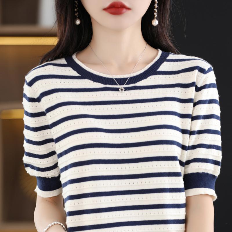 Round Neck Contrast Striped Knitted Short-sleeved Summer Style Loose Slim Hollow Half-sleeved Pullover T-shirt Top Hot Season Thin