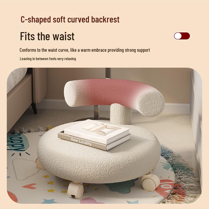 Cream Low Stool with Backrest and Universal Wheels - Ideal for Home, Grout, and Children's Use, Silent Sliding Design
