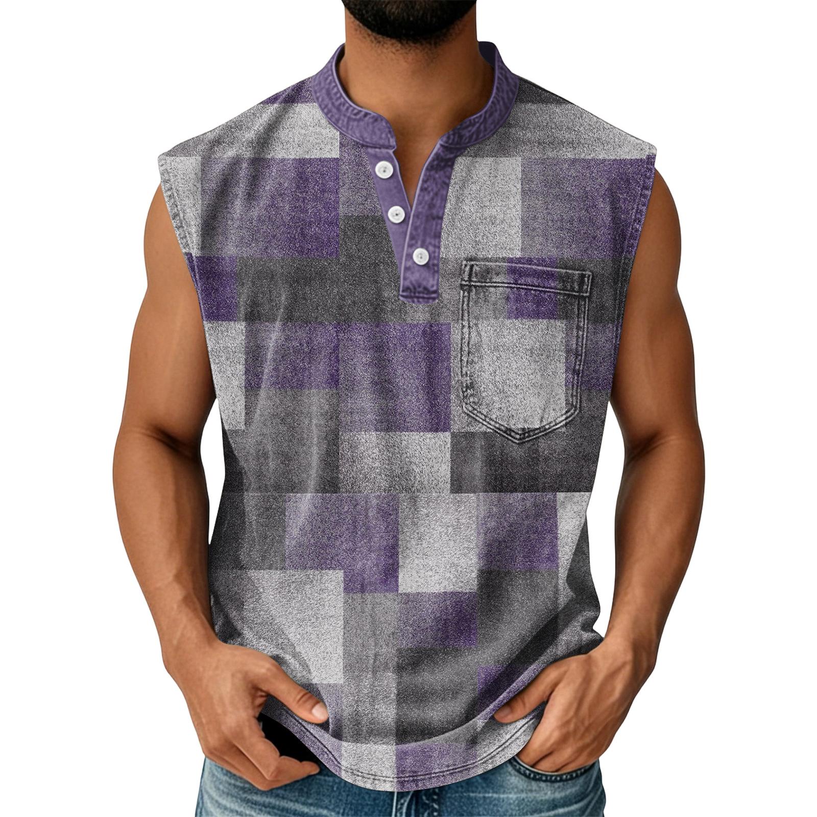 

Men Sleeveless Henley Shirt Casual Geometric Print Pullover Muscle Fit Tank Top with Chest Pocket and Buttoned Collar M синий