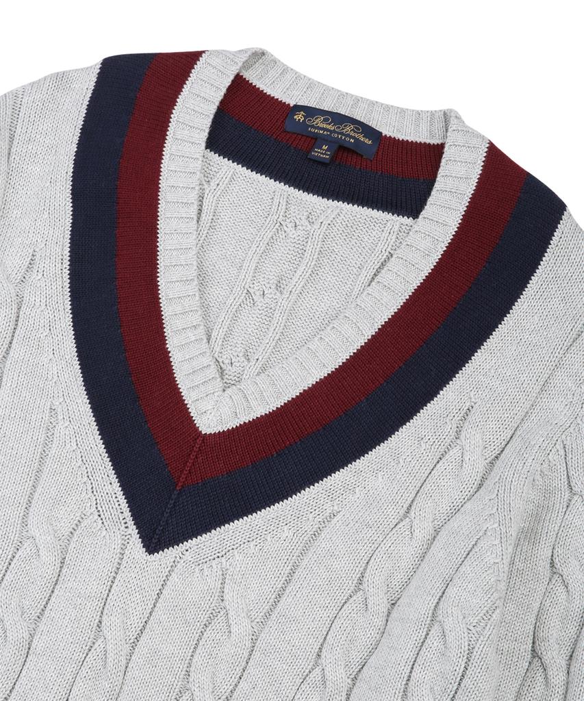 BROOKS BROTHERS Cotton Cable Tennis V-Neck Sweater (Grey) (Bbwnmm6839Wes)