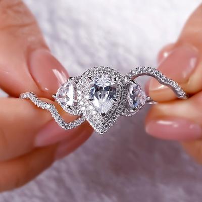 Sterling Zirkonia 3-teiliges Ring-Set Damen für Hochzeit Verlobungsparty Luxuriös Trendy Damenschmuck