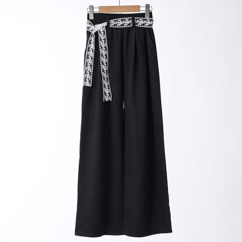 

Lace leather buckle wide-leg pants high-end loose and thin casual pants temperament mopping straight pants M чёрный