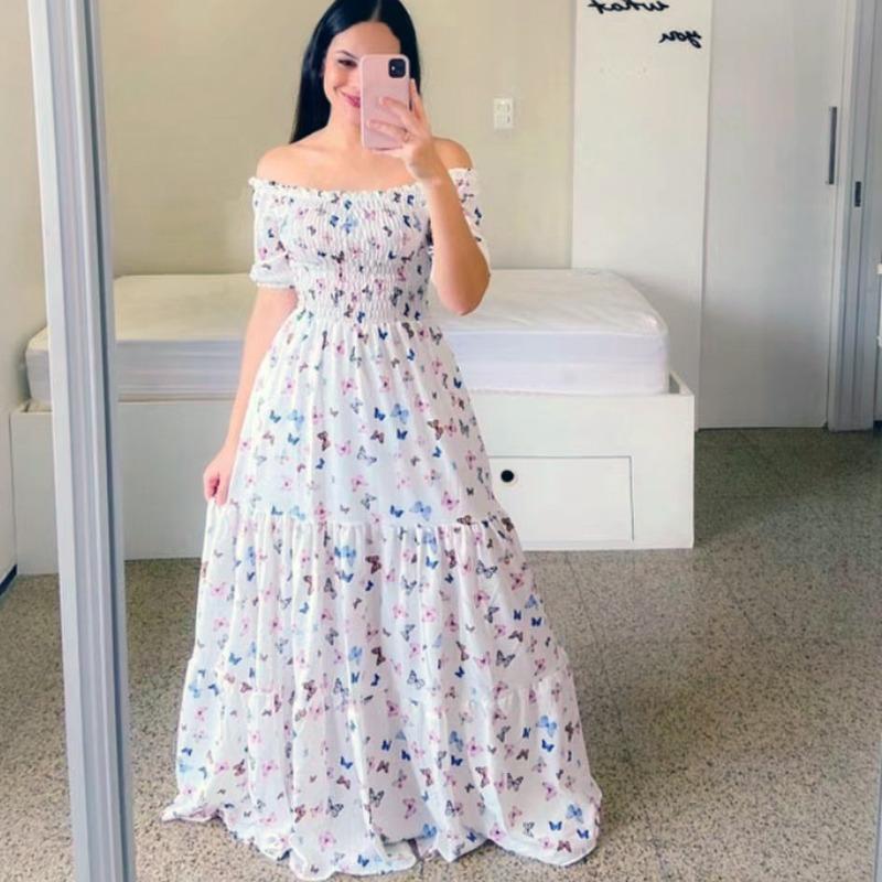New spring and summer women's dress one-word shoulder floral fashion off-the-shoulder long printed dress