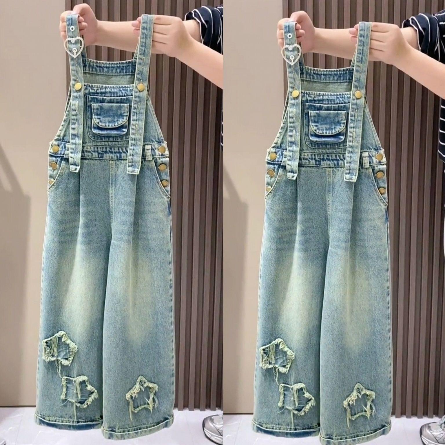 

Джинсовый комбинезон для девочек, весна и осень, стиль вестерн, летняя одежда, свободная жареная уличная одежда, большие детские брюки 130 синий