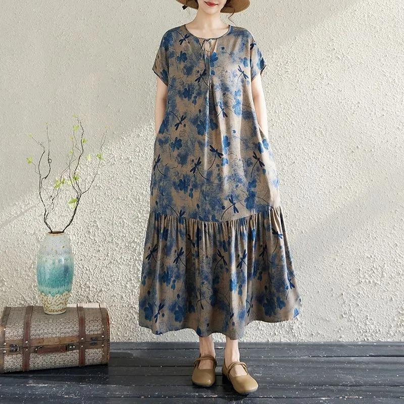 Dress for Woman Cotton Summer Plus Size Loose Floral Vintage Casual Printed Soft Long Holiday Dresses