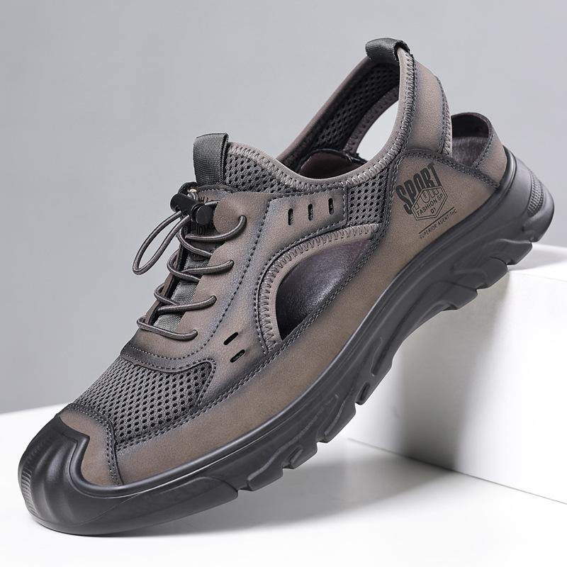 Men S Breathable Hollow Out Lace Up Casual Outdoor Slip On Versatile Lightweight Driving Sandals