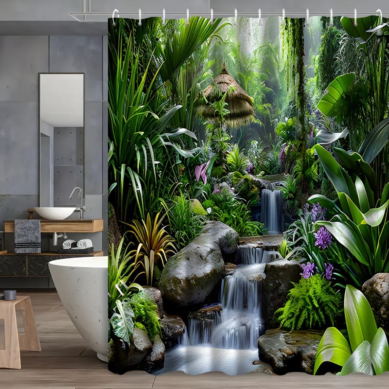 

Tropical Jungle Waterfall Shower Curtain Nature Landscape Art Bathroom Decor Green Forest Zen Bath Curtains Modern Home Interior W90xH180cm