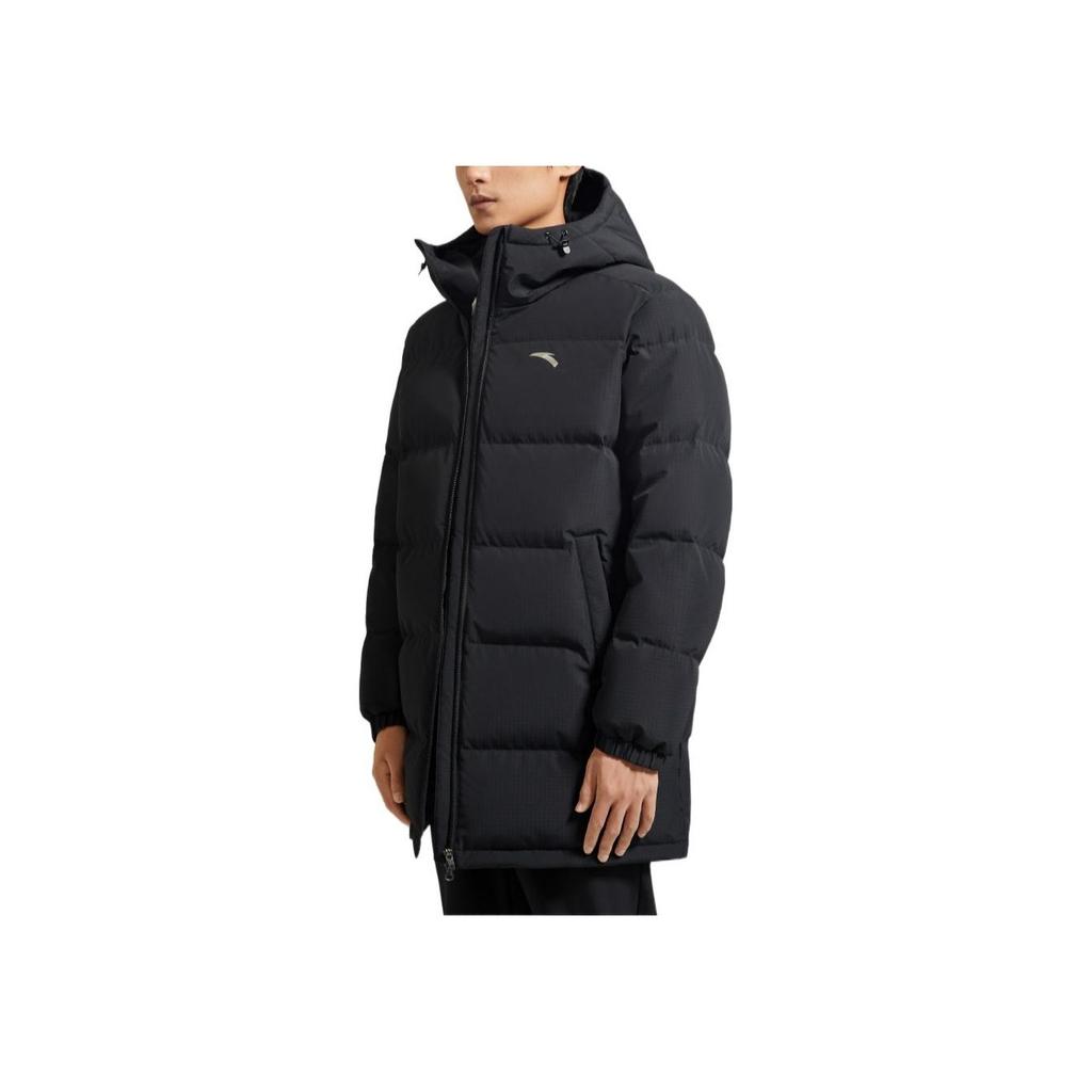 Anta FW22 Solid Color Logo Print Long Zip Hooded Down Jacket Men Outerwear Black 952247976-2