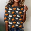Women's Casual Loose Fit Half Sleeve Top Round Neck Lightweight Comfortable Shirt with Pumpkin Print Suitable for Everyday Wear