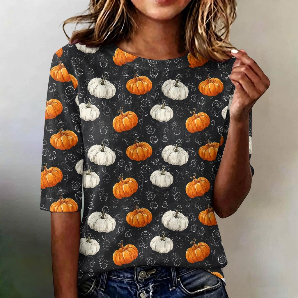 Women's Casual Loose Fit Half Sleeve Top Round Neck Lightweight Comfortable Shirt with Pumpkin Print Suitable for Everyday Wear