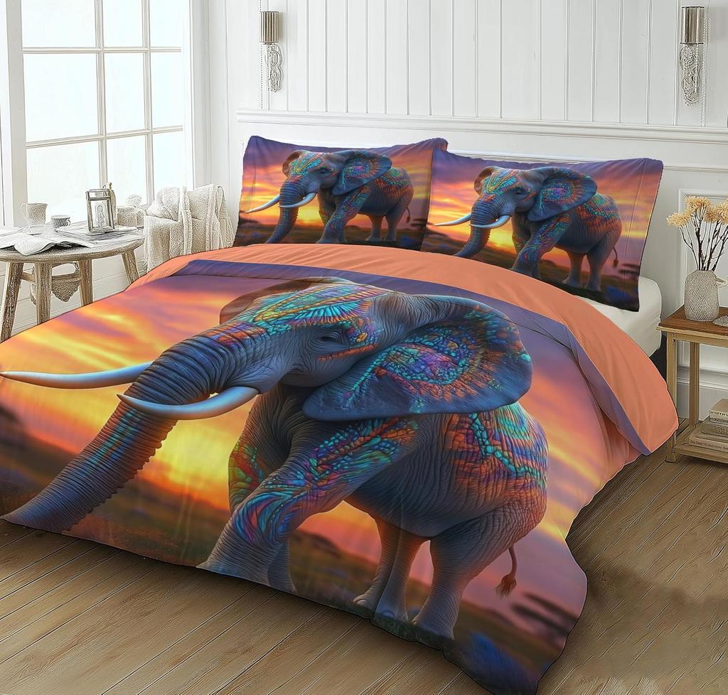 Animal Elephant 3D Print Pattern 2 Piece Bedding Set with Pillowcase All Season Quilt Duvet Cover with Zipper for Kids Adults