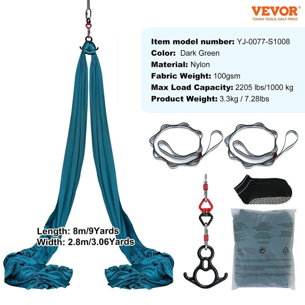 Aerial Silk & Yoga Swing, 8.7 Yards, Aerial Yoga Hammock Kit with 100gsm Nylon Fabric, Full Rigging Hardware & Easy Set-up Guide, Antigravity Flying