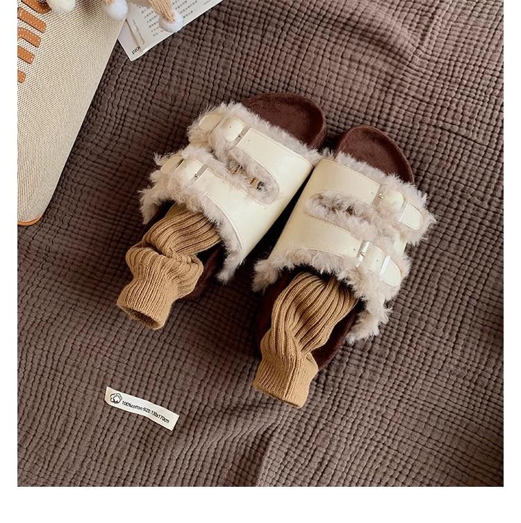 Grape Mother of the Same Style, Double Buckle with Thick-bottomed Lazy Open-toed Fluffy Birken Leather Slippers for Women's Autumn and Winter Wear