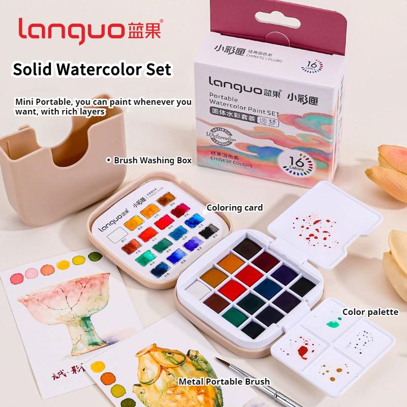 16 Farben Languo Festes Aquarellfarben-Set Tragbare Aufbewahrungstasche Pinsel Palette Box Aquarellpigment-Set Kunstbedarf