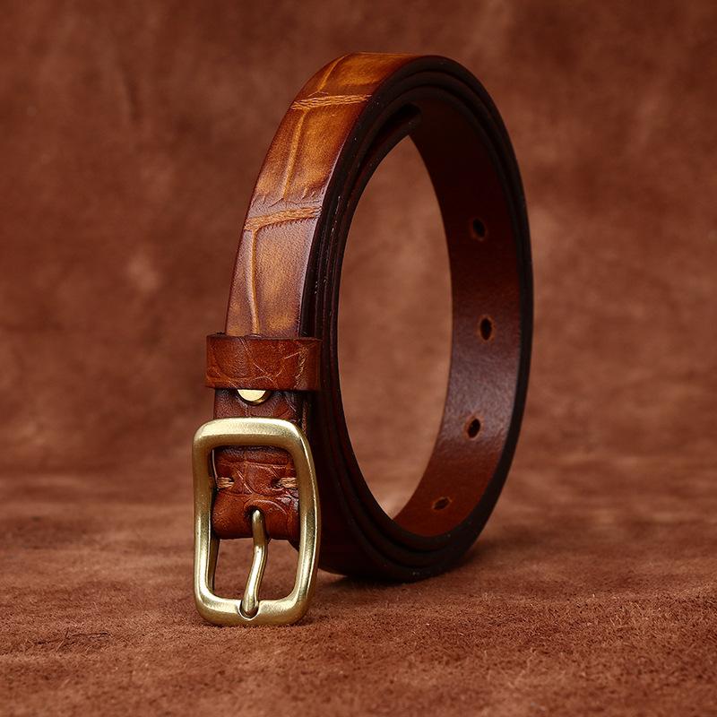 Fine Women's Belt Italian Retro Fashion All-Matching Decorative Genuine Cattlehide Leather Surface Pressure Crocodile Pattern Belt for Women