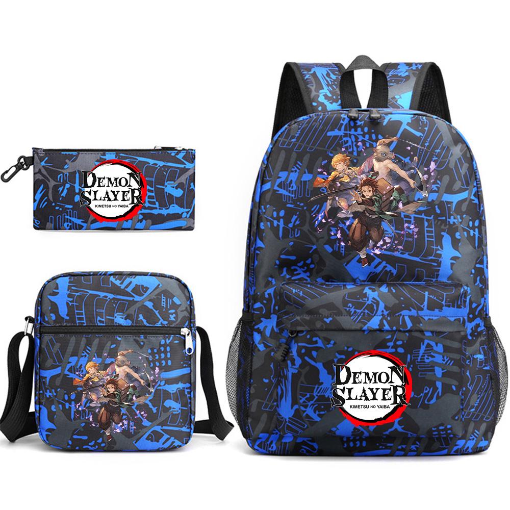 3Pcs/set Anime Printed Demon Slayer Backpack with Shoulder Bag Pencil Case for Teen Student Boy Girl Large Capacity Waterproof Bookbag Travel Bag