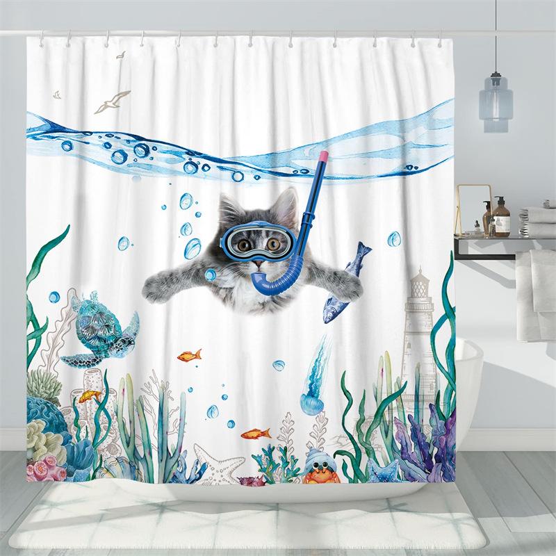 Pirate Cat Riding Shark Shower Curtain Funny Space Galaxy Rainbow Waterproof Fabric Bath Curtain With Hooks For Bathtub Decor