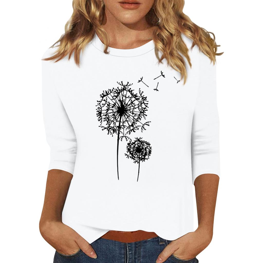 Women's Fashion Casual Round Neck 3/4 Sleeve Loose Printed T-Shirt Ladies Top