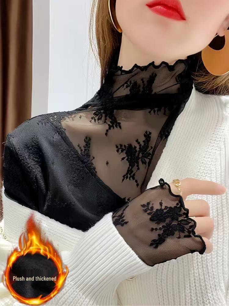 Trending Black Lace Base Layer Shirt - Autumn/Winter Plus Velvet Mesh Top for Layering with Sweaters