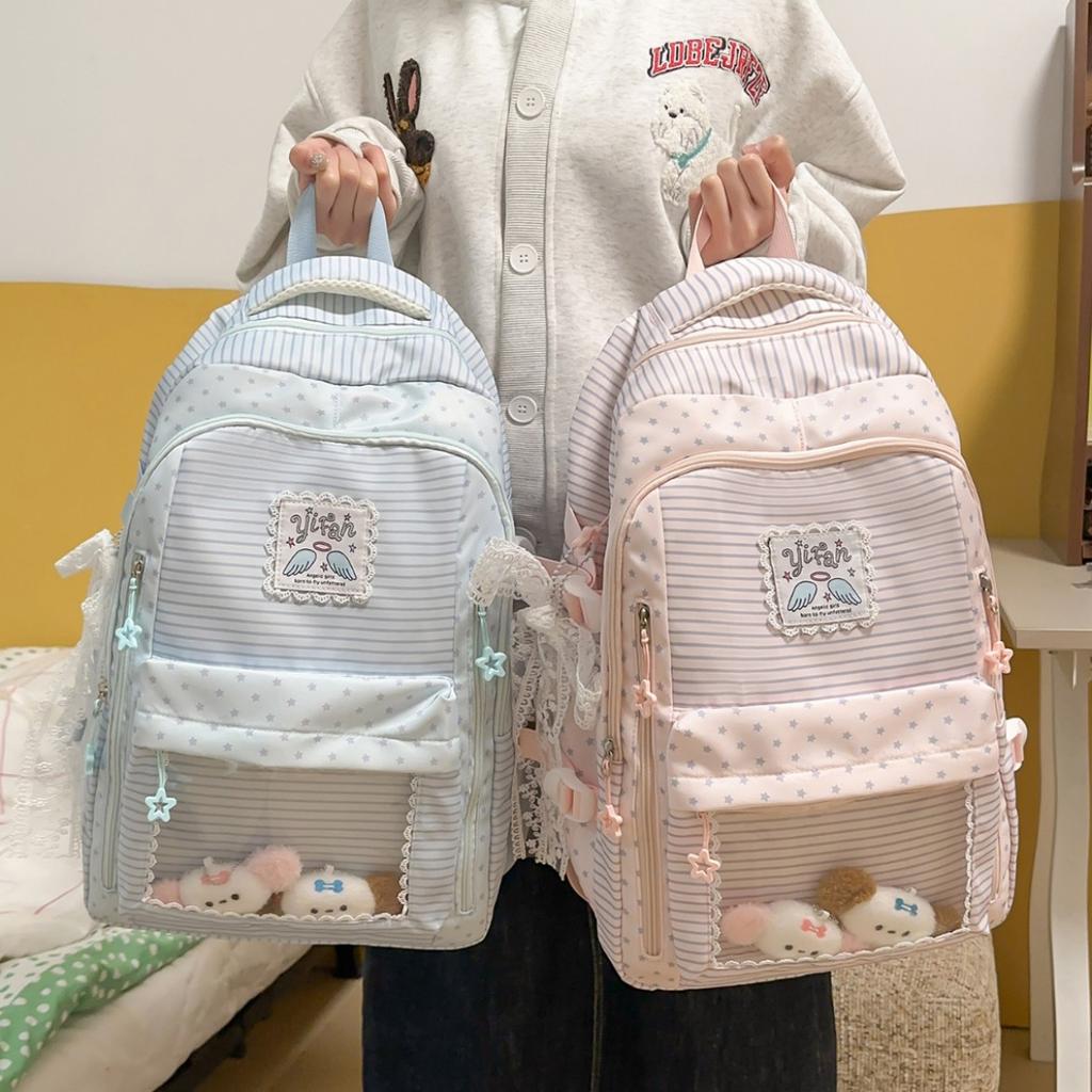 Schoolbag new sweet striped backpack schoolgirl class polka dot schoolbag leisure travel lace bow backpack
