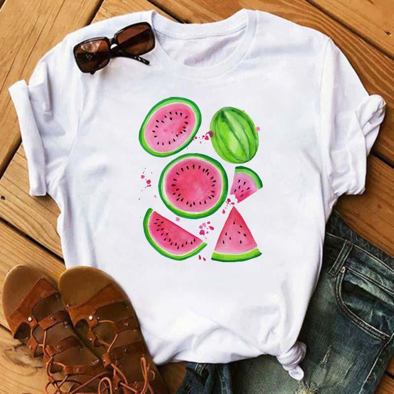Women Hello Summer Watermelon Graphic T‑Shirt, Watercolor Fruit Letter Print O‑Neck Short Sleeve Casual Vacation Ladies Daily